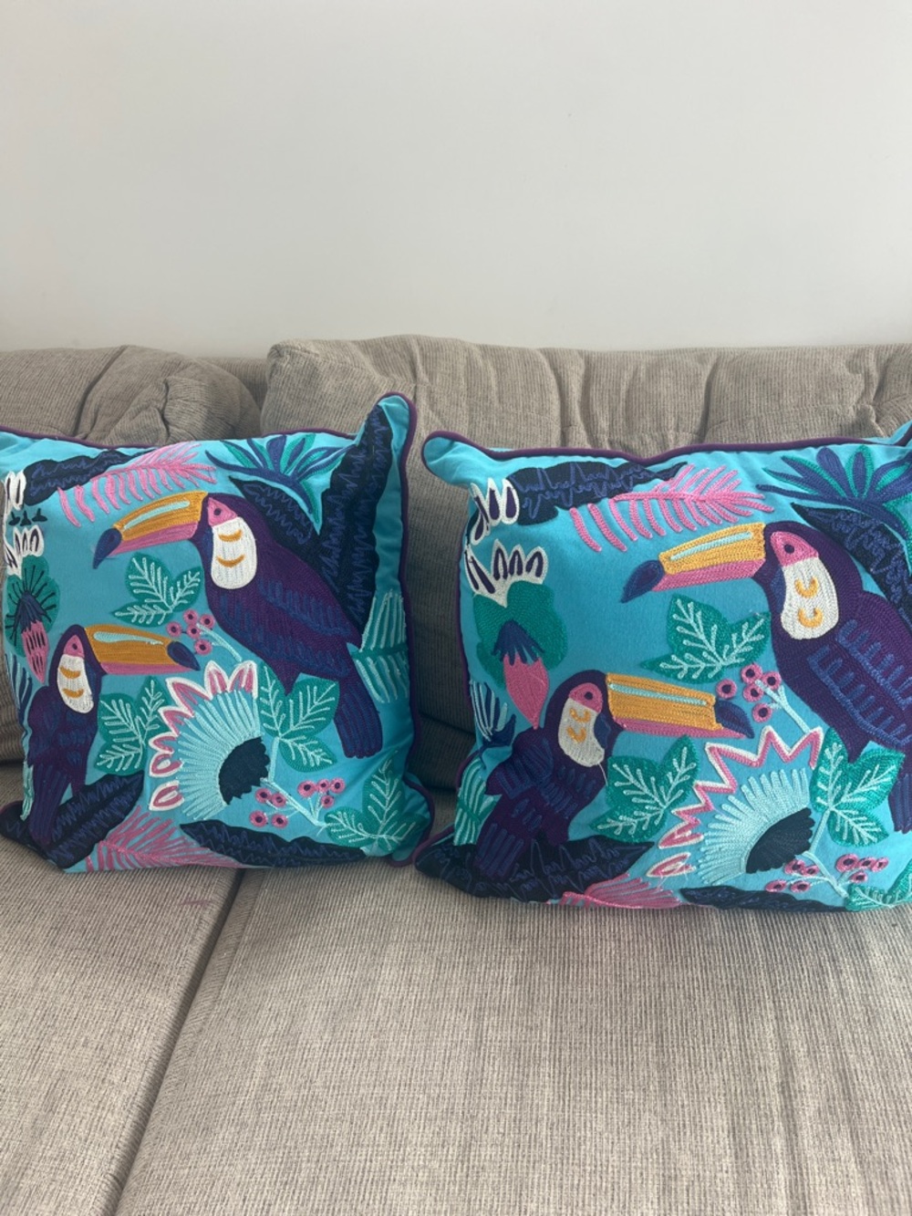 Tropical Toucan Embroidered Throw Pillow Pair - Turquoise & Teal